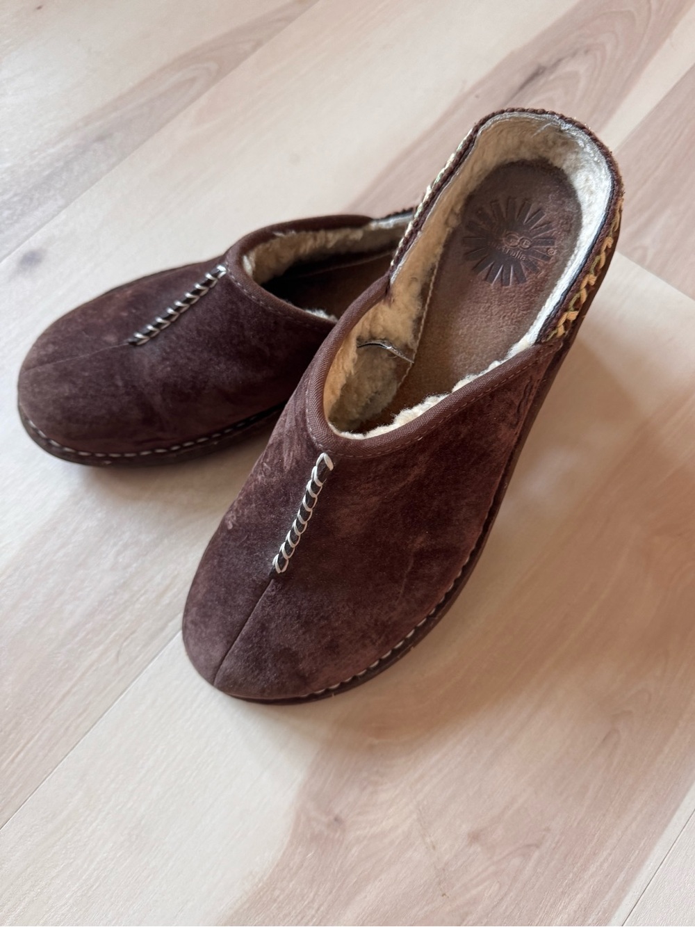 UGG Australia Brown Suede Shearling Lined Moccasin Slippers NEW